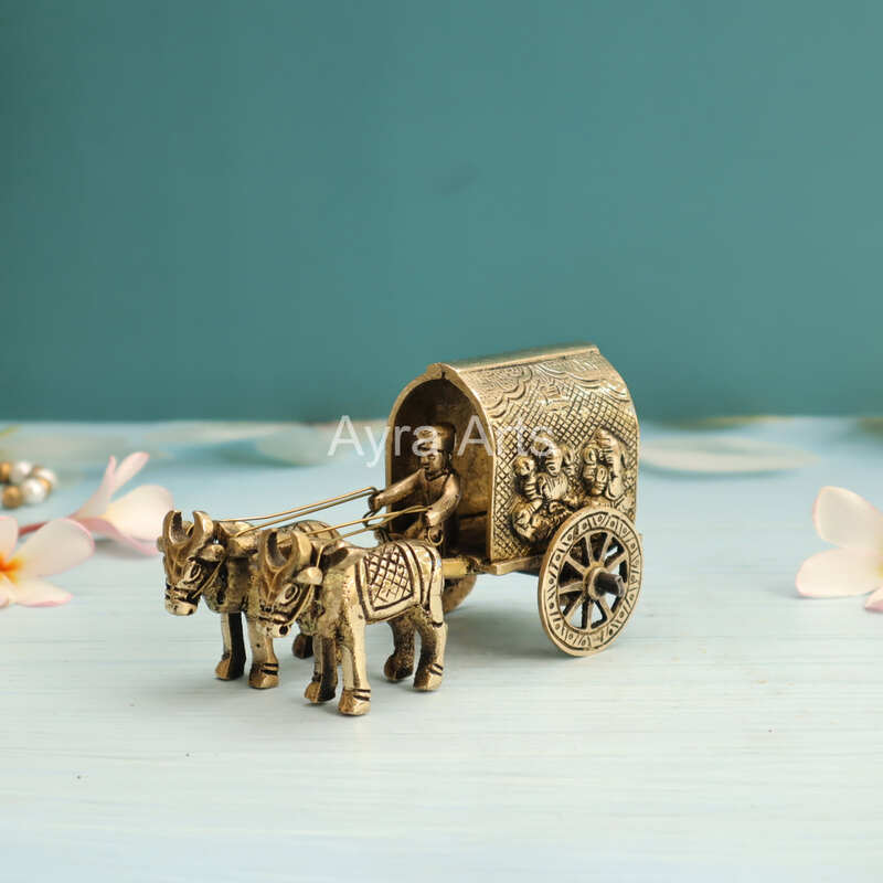 Brass Bullock Cart with Ganesha Lakshmi Carving Table Decor - 3 Inch Height