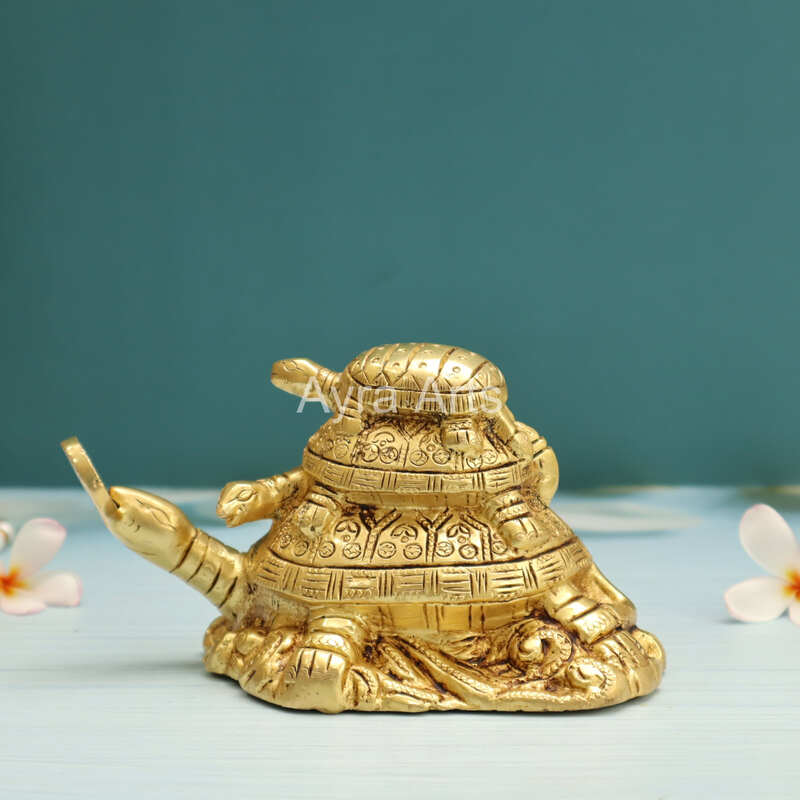 Brass Vastu Feng Shui Three Tiered Turtle Tortoises Family for Health, Wealth and Business - 4 Inch Height