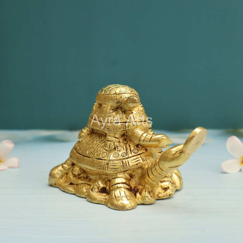 Brass Vastu Feng Shui Three Tiered Turtle Tortoises Family for Health, Wealth and Business - 4 Inch Height