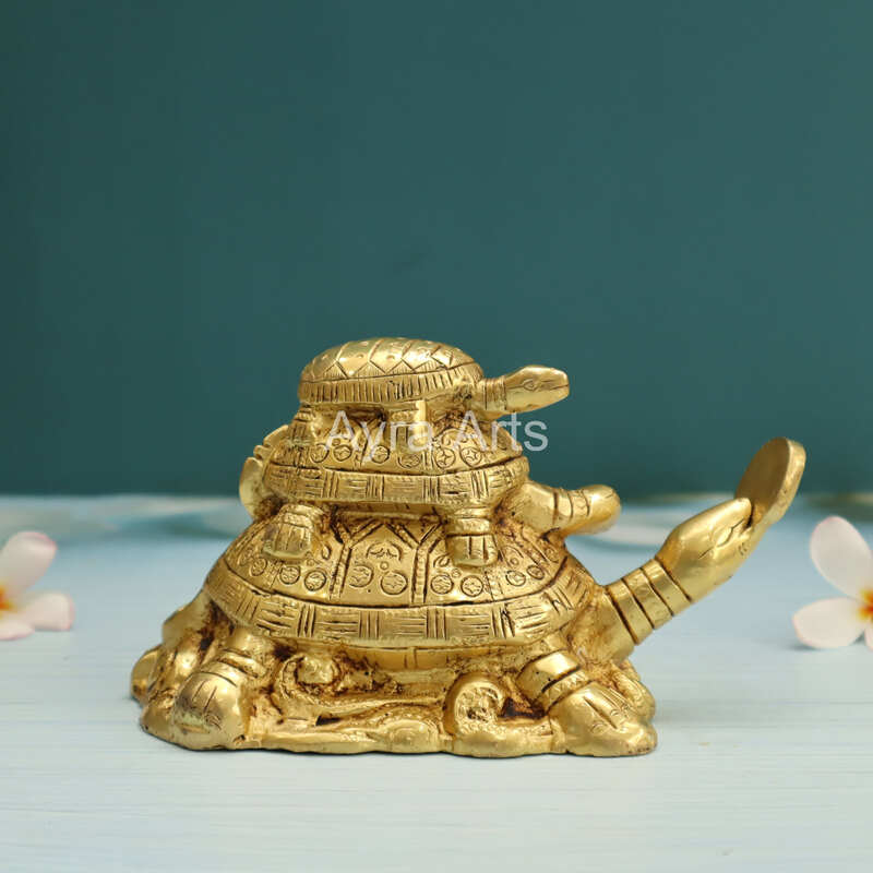 Brass Vastu Feng Shui Three Tiered Turtle Tortoises Family for Health, Wealth and Business - 4 Inch Height