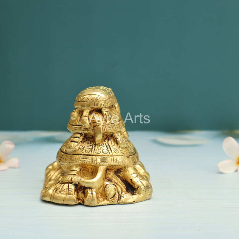 Brass Vastu Feng Shui Three Tiered Turtle Tortoises Family for Health, Wealth and Business - 4 Inch Height