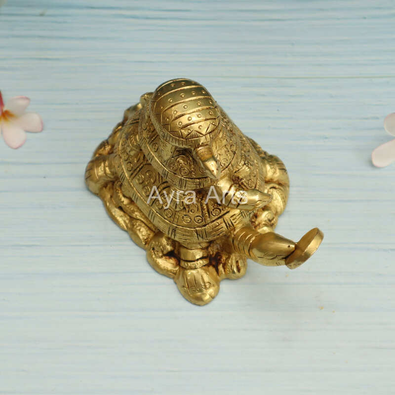 Brass Vastu Feng Shui Three Tiered Turtle Tortoises Family for Health, Wealth and Business - 4 Inch Height