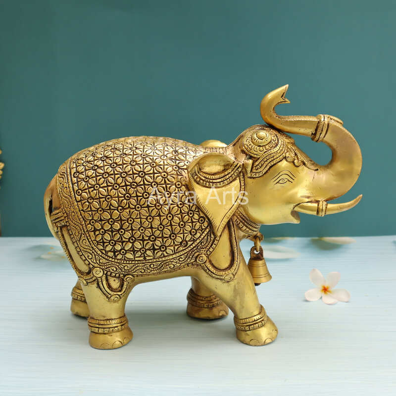 Engraved Design Brass Elephant Figurine - 10 Inch Height