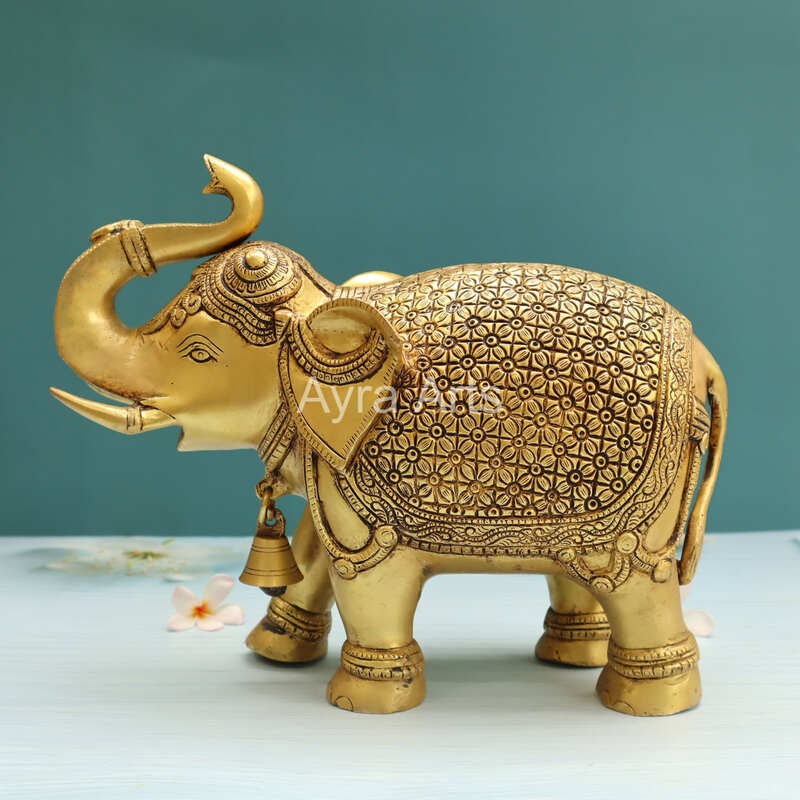 Engraved Design Brass Elephant Figurine - 10 Inch Height