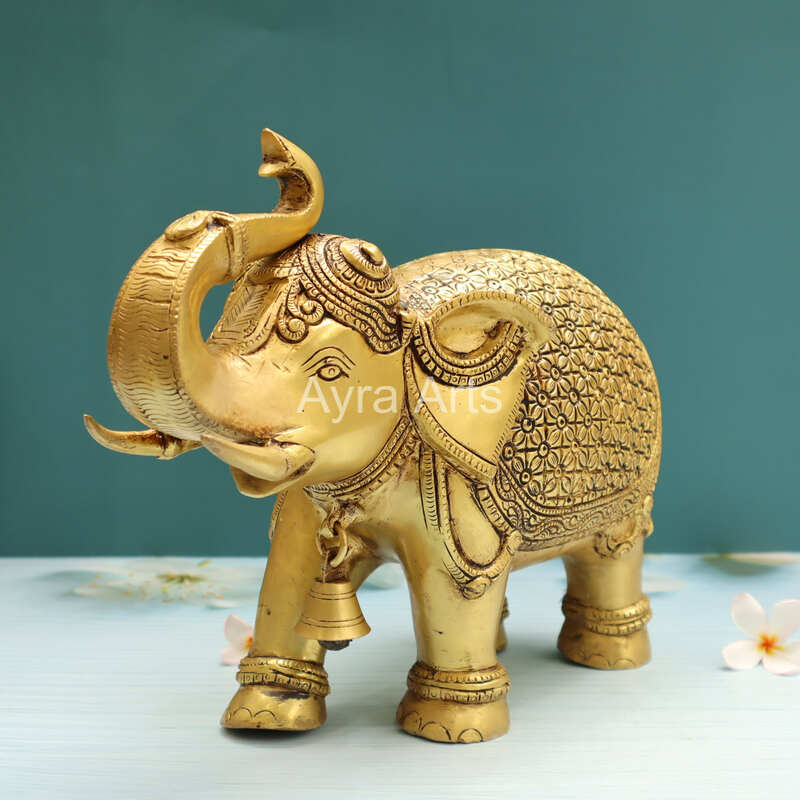 Engraved Design Brass Elephant Figurine - 10 Inch Height