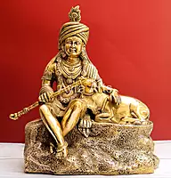 Decorative Masterpiece Brass Krishna with Cow Statue - 17 Inch Height