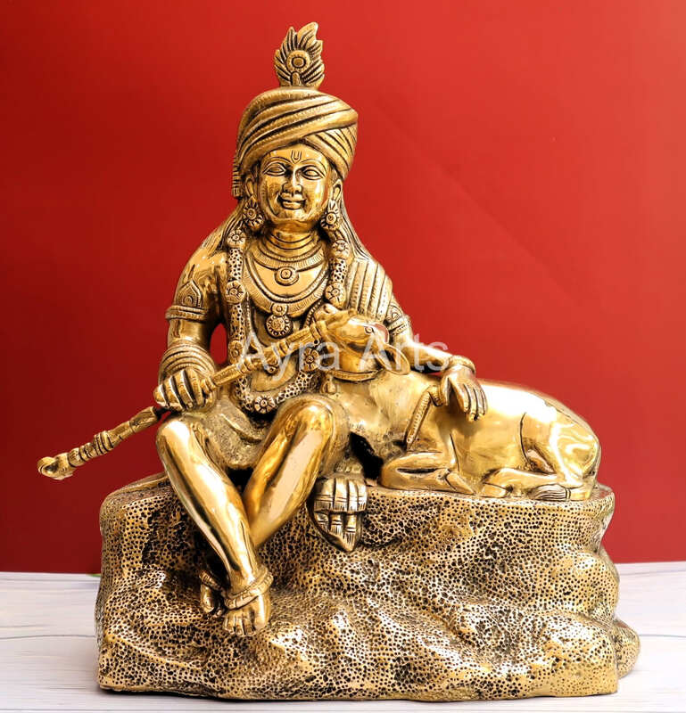 Decorative Masterpiece Brass Krishna with Cow Statue - 17 Inch Height