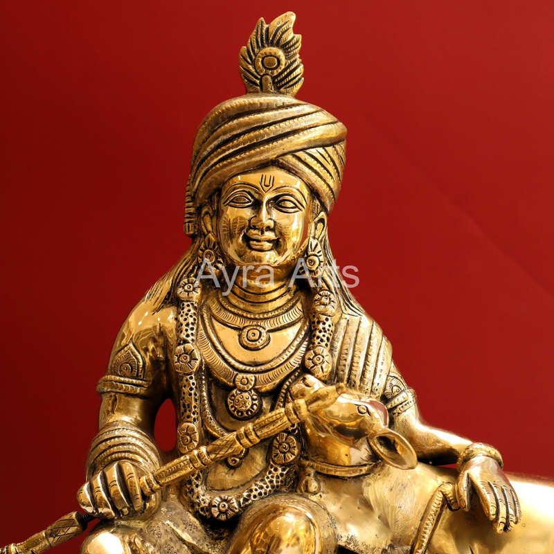 Decorative Masterpiece Brass Krishna with Cow Statue - 17 Inch Height
