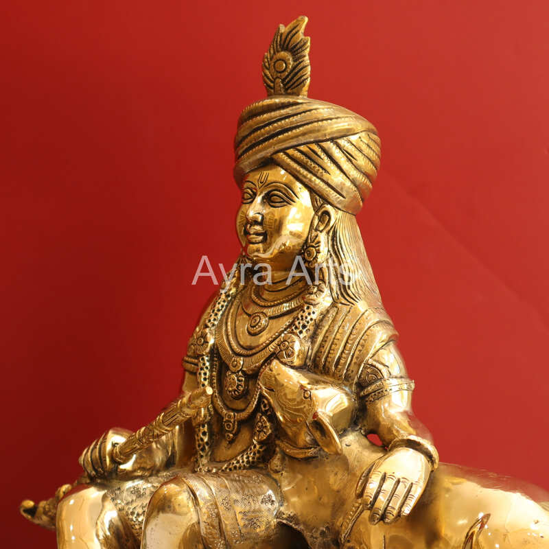 Decorative Masterpiece Brass Krishna with Cow Statue - 17 Inch Height