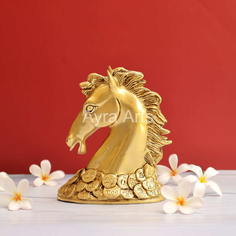 Vastu Feng Shui Lucky Horse Head with Coins Brass Showpiece - 7 Inch Height
