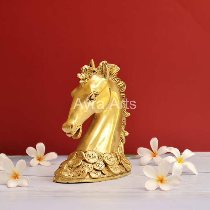 Vastu Feng Shui Lucky Horse Head with Coins Brass Showpiece - 7 Inch Height