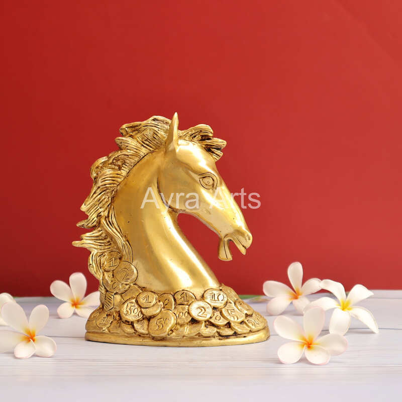 Vastu Feng Shui Lucky Horse Head with Coins Brass Showpiece - 7 Inch Height