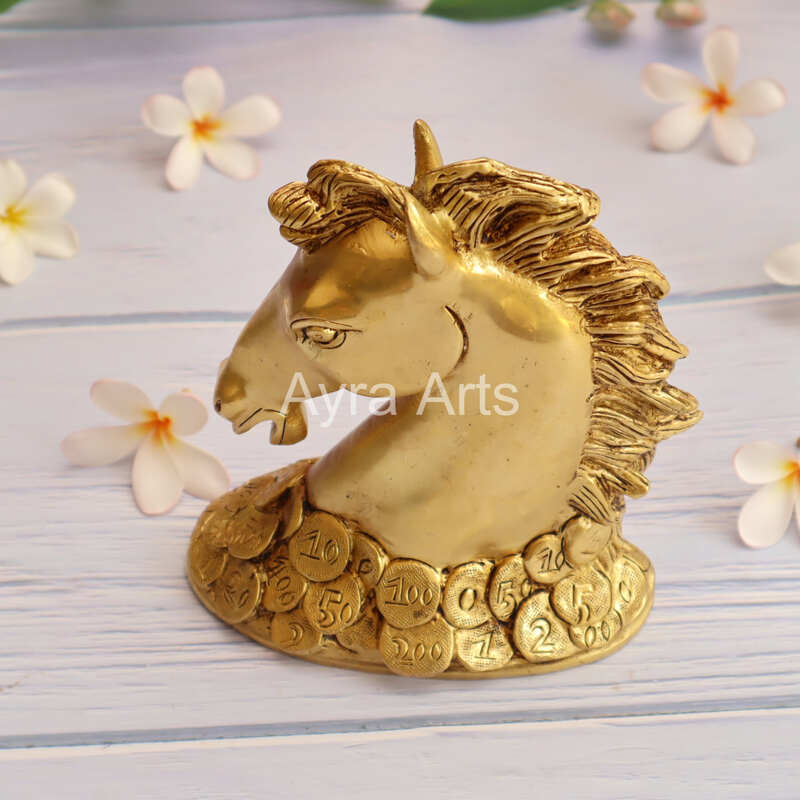 Vastu Feng Shui Lucky Horse Head with Coins Brass Showpiece - 7 Inch Height