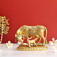 Brass Kamdhenu Holy Cow And Calf with OM symbol- 5 Inch Height
