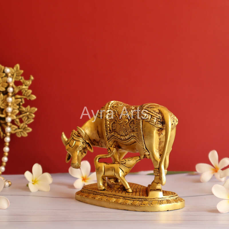 Brass Kamdhenu Holy Cow And Calf with OM symbol- 5 Inch Height