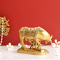 Brass Kamdhenu Holy Cow And Calf with OM symbol- 5 Inch Height