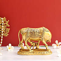 Brass Kamdhenu Holy Cow And Calf with OM symbol- 5 Inch Height