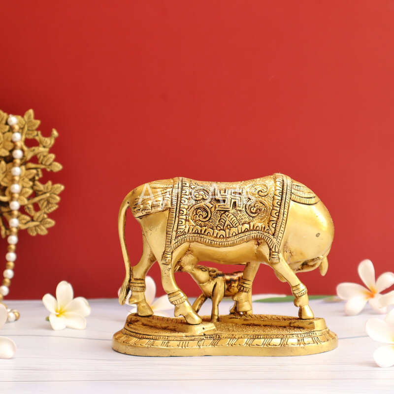 Brass Kamdhenu Holy Cow And Calf with OM symbol- 5 Inch Height