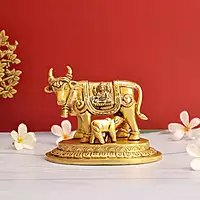 Brass Kamdhenu Holy Cow And Calf - 5.2 Inch Height