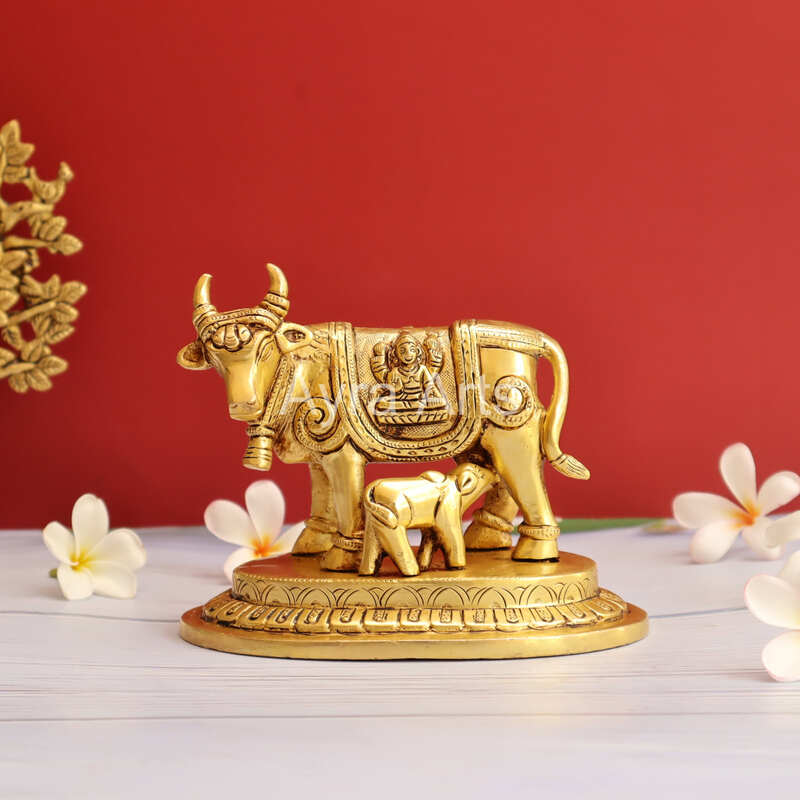 Brass Kamdhenu Holy Cow And Calf - 5.2 Inch Height