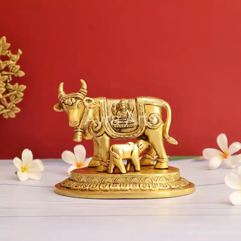 Brass Kamdhenu Holy Cow And Calf - 5.2 Inch Height