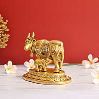 Brass Kamdhenu Holy Cow And Calf - 5.2 Inch Height