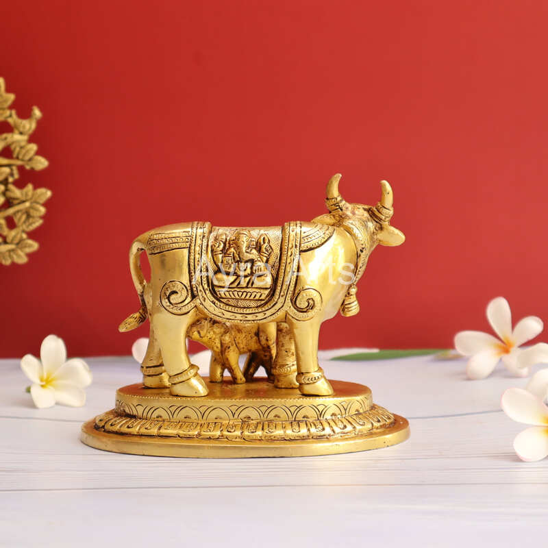 Brass Kamdhenu Holy Cow And Calf - 5.2 Inch Height