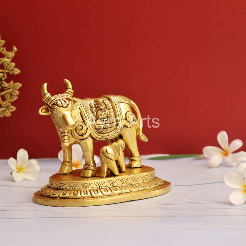 Brass Kamdhenu Holy Cow And Calf - 5.2 Inch Height