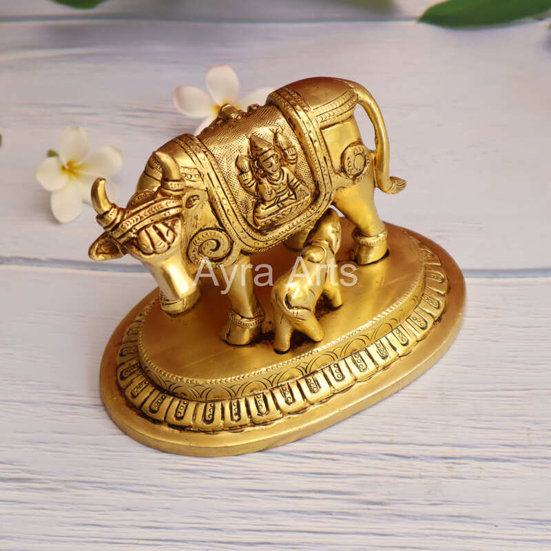 Brass Kamdhenu Holy Cow And Calf - 5.2 Inch Height