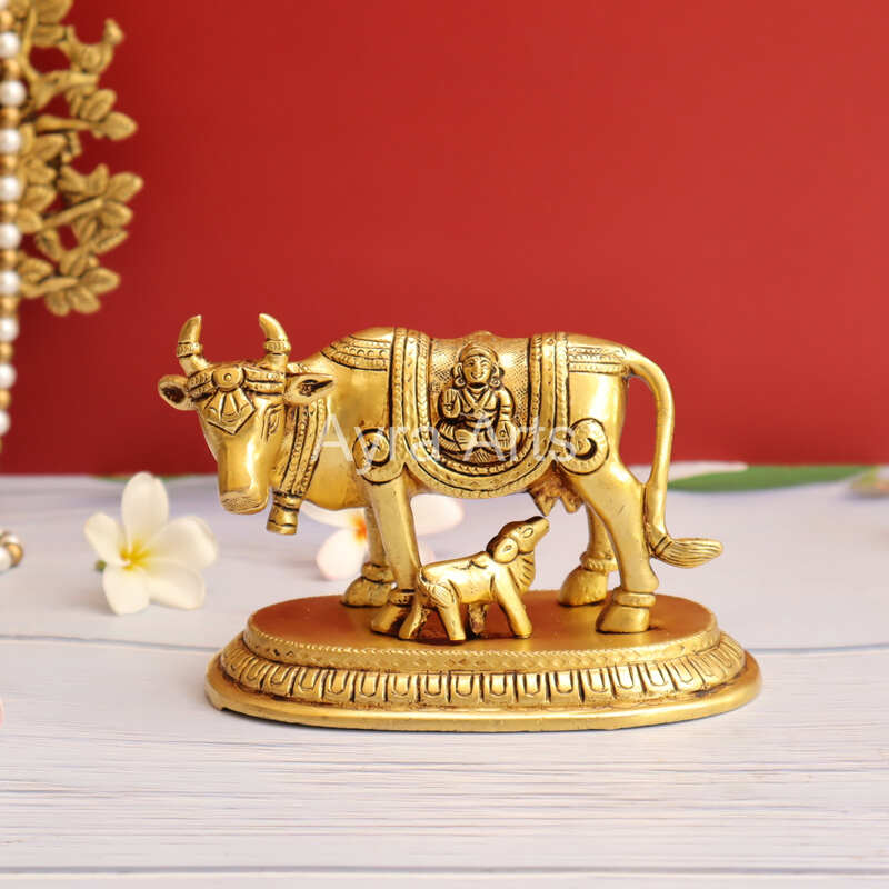Brass Kamdhenu Cow and Calf Idol for Pooja Mandir - 4 Inch Height