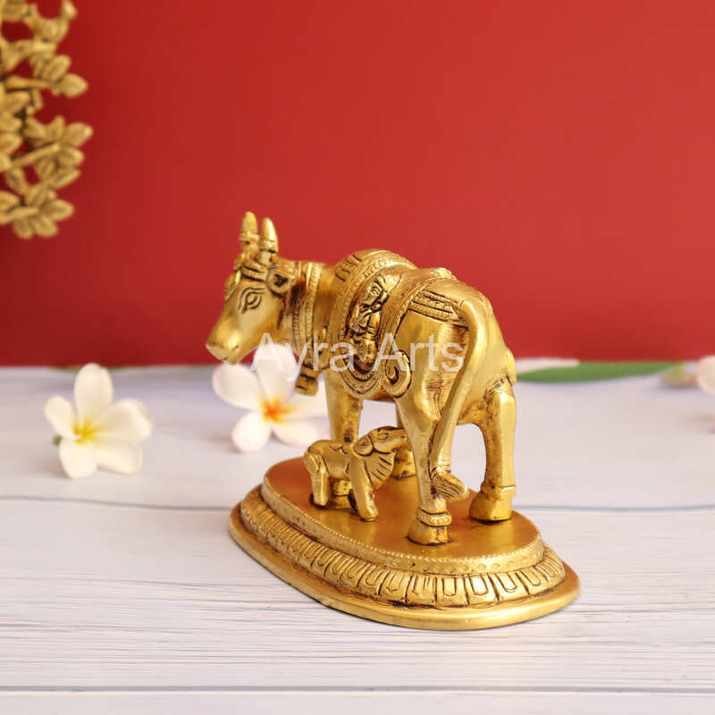Brass Kamdhenu Cow and Calf Idol for Pooja Mandir - 4 Inch Height
