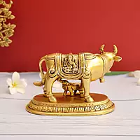 Brass Kamdhenu Cow and Calf Idol for Pooja Mandir - 4 Inch Height