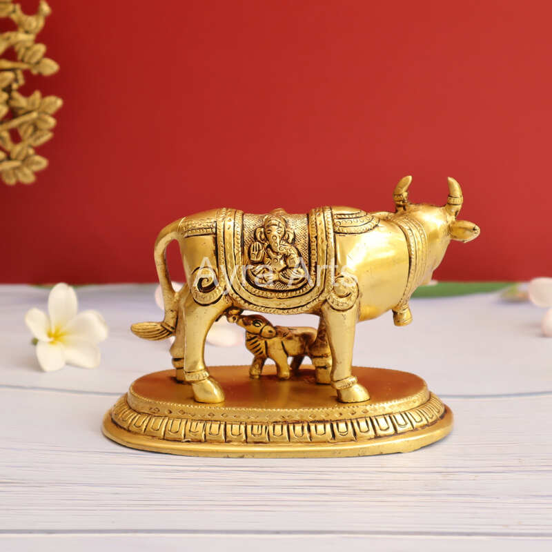 Brass Kamdhenu Cow and Calf Idol for Pooja Mandir - 4 Inch Height