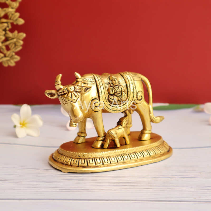 Brass Kamdhenu Cow and Calf Idol for Pooja Mandir - 4 Inch Height
