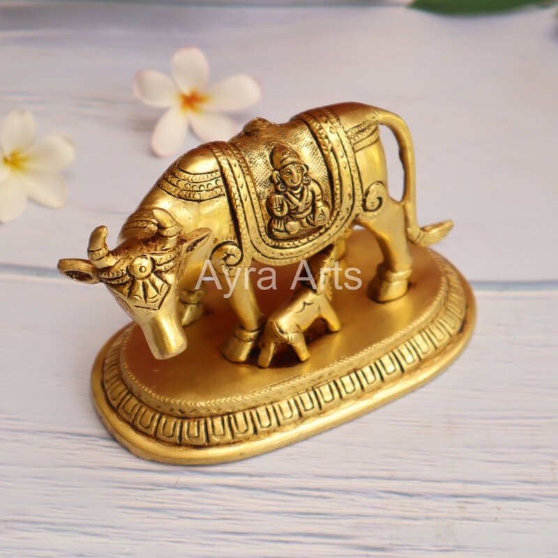 Brass Kamdhenu Cow and Calf Idol for Pooja Mandir - 4 Inch Height