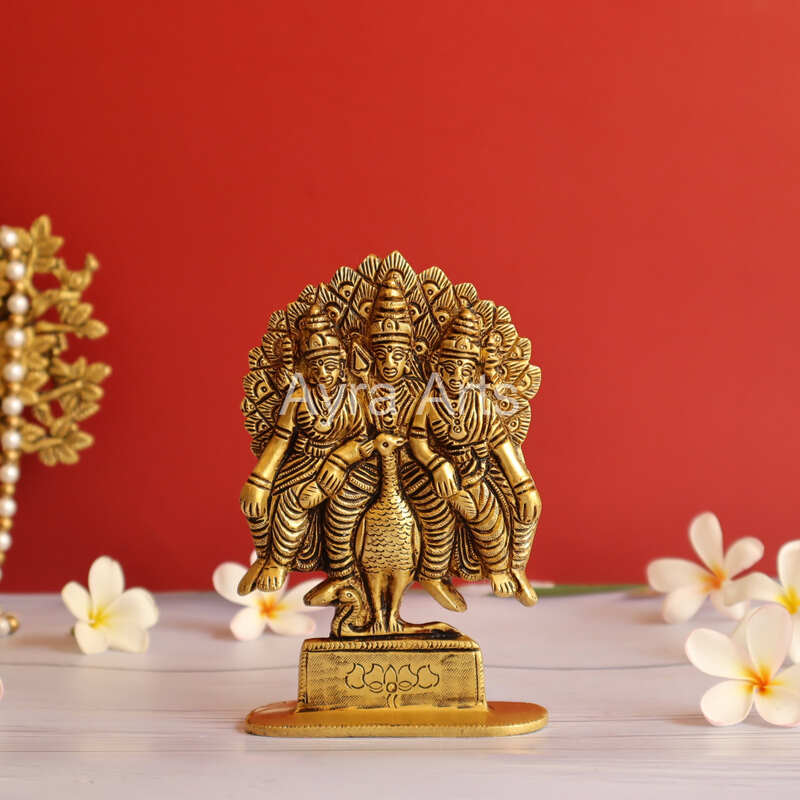 Brass Kumara Swami Subramanya Idol Murugan and His Two Wives Devasena and Valli - 6.2 Inch Height