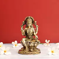 Beautiful Brass Lakshmi Statue Sitting on Lotus Flower - 7 Inch Height