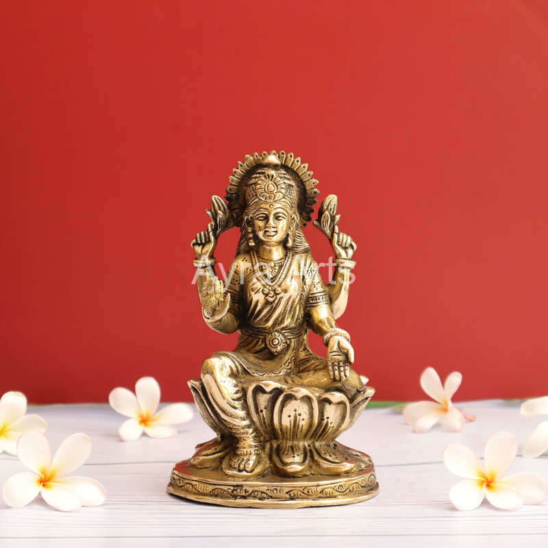 Beautiful Brass Lakshmi Statue Sitting on Lotus Flower - 7 Inch Height