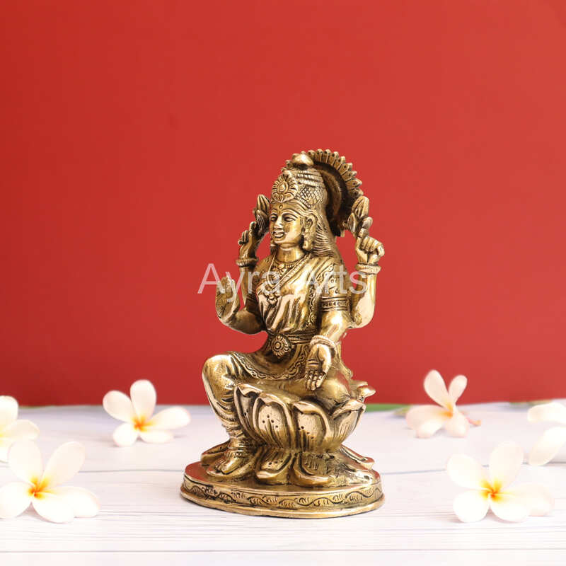 Beautiful Brass Lakshmi Statue Sitting on Lotus Flower - 7 Inch Height