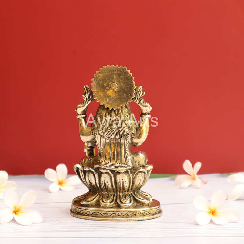 Beautiful Brass Lakshmi Statue Sitting on Lotus Flower - 7 Inch Height