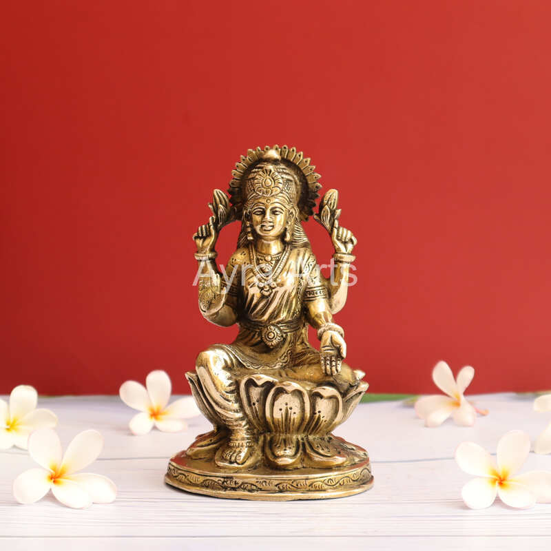 Beautiful Brass Lakshmi Statue Sitting on Lotus Flower - 7 Inch Height