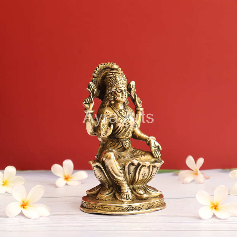 Beautiful Brass Lakshmi Statue Sitting on Lotus Flower - 7 Inch Height