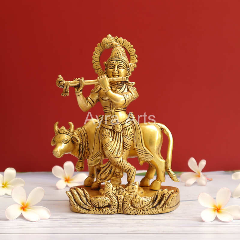 Brass Krishna with Cow on the Swan Base - 8 Inch Height