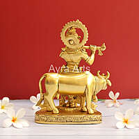 Brass Krishna with Cow on the Swan Base - 8 Inch Height