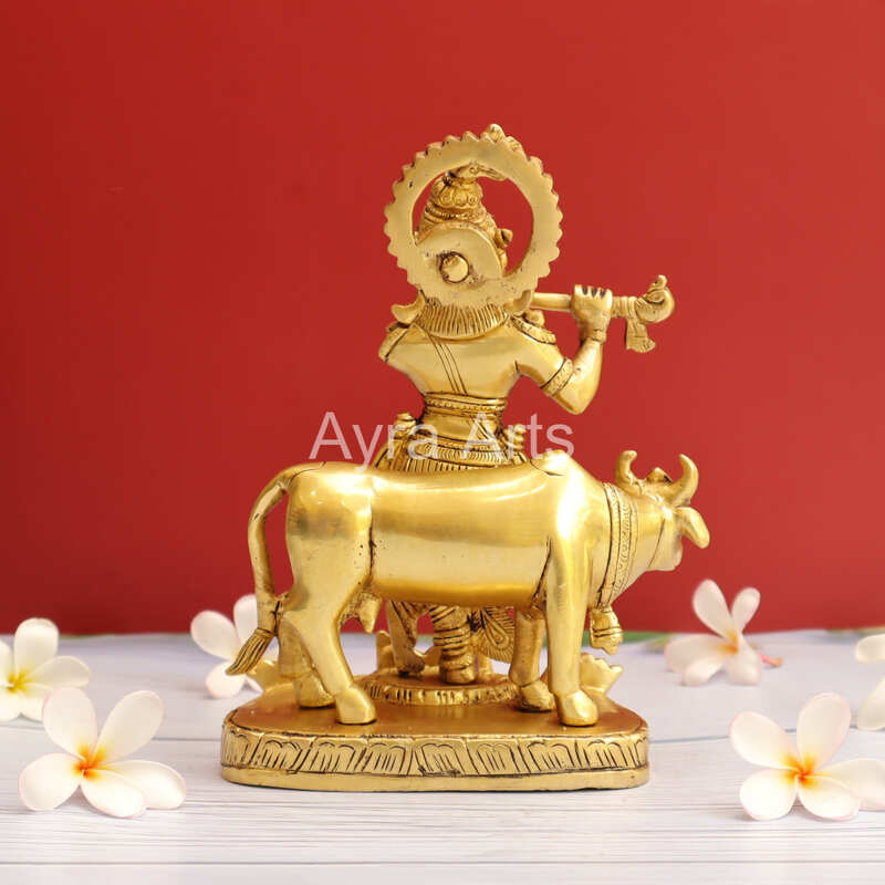 Brass Krishna with Cow on the Swan Base - 8 Inch Height