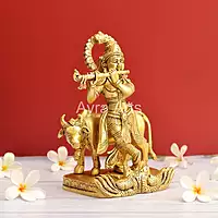 Brass Krishna with Cow on the Swan Base - 8 Inch Height