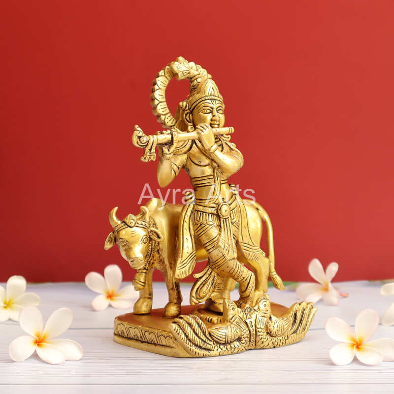 Brass Krishna with Cow on the Swan Base - 8 Inch Height