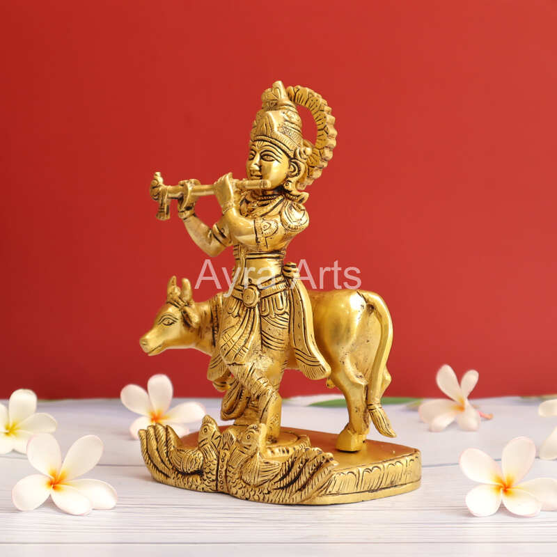Brass Krishna with Cow on the Swan Base - 8 Inch Height