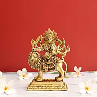 Handcrafted Goddess Durga idol in Pure Brass Devi Maa Sitting On The Lion - 7 Inch Height