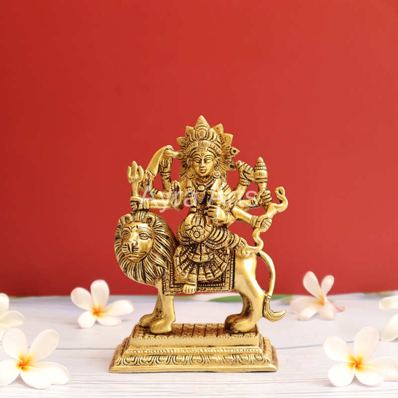 Handcrafted Goddess Durga idol in Pure Brass Devi Maa Sitting On The Lion - 7 Inch Height